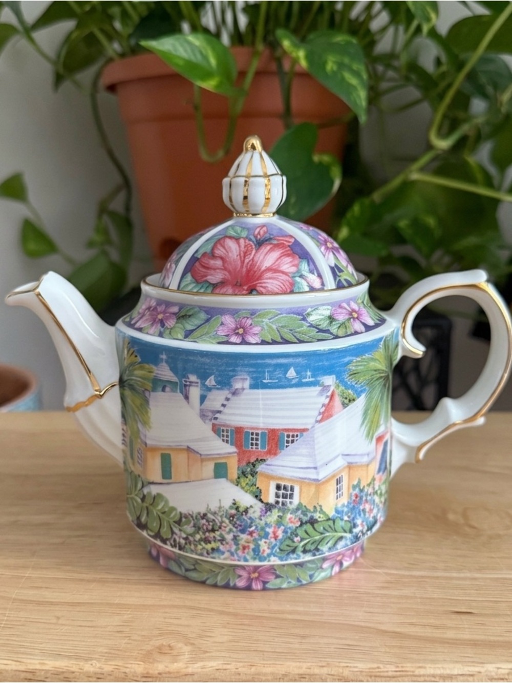 James Sadler Rooftops Bermuda 2-Cup Teapot Made in India Floral Gold Accents